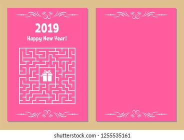 Color Christmas greeting card with a square maze. Find the right path to the gift. Game for kids. Puzzle for children. Maze conundrum. Vector illustration. Vintage style