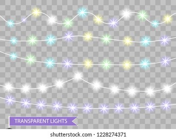 Color Christmas lights. Festive New Year party decorative isolated ribbons. Christmas glowing garland. Vector illustration.