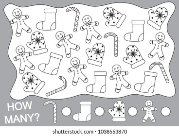 Color Christmas object and count how many. Mathematical game for children.