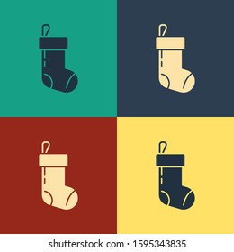 Color Christmas stocking icon isolated on color background. Merry Christmas and Happy New Year. Vintage style drawing. Vector Illustration