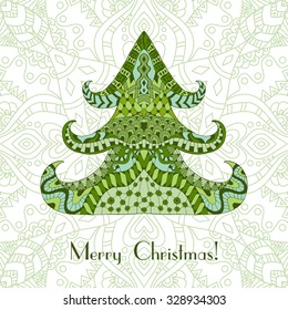 Color Christmas tree. Christmas card in zentangle style for adult anti stress. Coloring page with high details isolated on white background. Made by trace from sketch. Ink pen. Zentangle pattern.