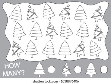Color Christmas tree and count how many. Mathematical game for children. Vector illustration.