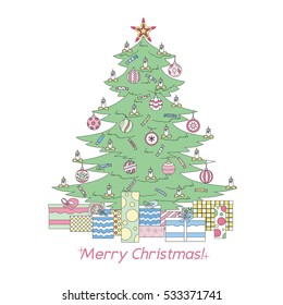 Color Christmas tree, star, balls, candy, candles and gifts. Greeting card with Christmas. Vector illustration.