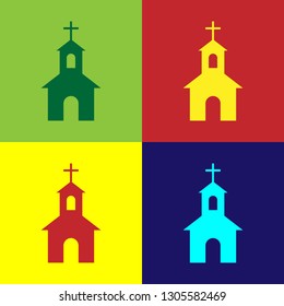 Color Church building icon isolated on color backgrounds. Christian Church. Religion of church. Flat design. Vector Illustration