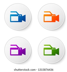 Color Cinema camera icon isolated on white background. Video camera. Movie sign. Film projector. Set color icon in circle buttons. Vector Illustration