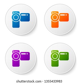 Color Cinema camera icon isolated on white background. Video camera. Movie sign. Film projector. Set color icon in circle buttons. Vector Illustration