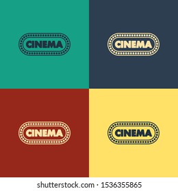 Color Cinema poster design template icon isolated on color background. Movie time concept banner design. Vintage style drawing. Vector Illustration