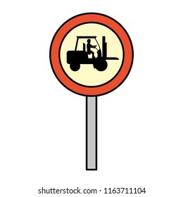 color circle caution emblem and laborer with forklift