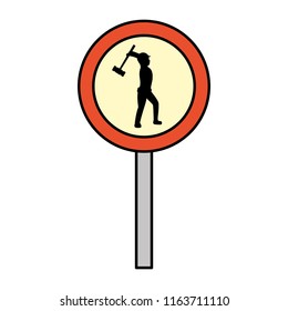 color circle caution emblem and laborer with mallet