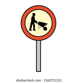 color circle caution emblem and laborer with wheelbarrow