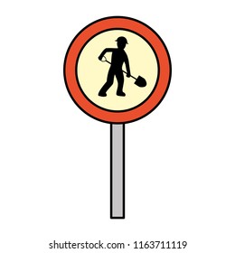 color circle caution emblem and laborer with shovel