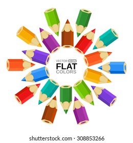 Color circle with colored pencils. Flat colors. Smartly grouped, isolated on white.