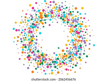Color Circle Invitation Vector  White Background. FallingFestive Splash Card. Vector Polka Illustration. Multicolored Confetti Decoration Backdrop.