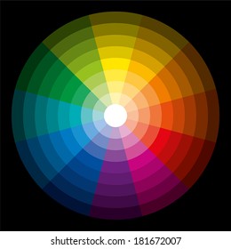 Color Circle Light Dark - Twelve basic colors in a circle, graduated from the brightest to the darkest gradation. Isolated vectors on black background.