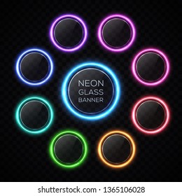 Color circle neon buttons set with light effect. Glossy glass texture banner with glare on black background. Round glowing sign for web interface infographic internet sites report. Vector illustration