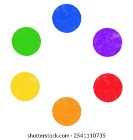 Color circle, color theory for children. Primary and secondary colors. Six colors set design. Crayon texture, hand-drawn. White background. Vector illustration design.