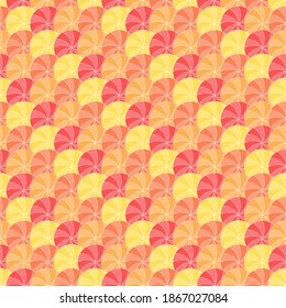 Farbkreise aufgeteilt auf Sektoren. Vektornahtloses Muster. stilisierte Orange. repetitiver Hintergrund. Armbanduhr. Umhüllungspapier. kontinuierlicher Druck. geometrische Formen. Design-Element für die Dekoration, Textilien