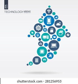 Color circles, flat icons in arrow up shape: technology, cloud computing, digital concept. Abstract background with connected objects in integrated group of elements. Vector interactive illustration