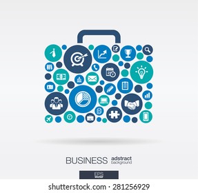 Color circles, flat icons in a case shape: business, marketing research, strategy, mission, analytics concepts. Abstract background with connected objects. Vector interactive illustration.