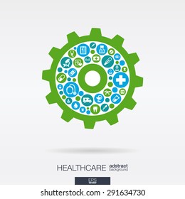 Color circles with flat icons in a cogwheel shape: medical, health, healthcare mechanism concepts. Abstract background with connected objects in integrated group of elements. Vector illustration.