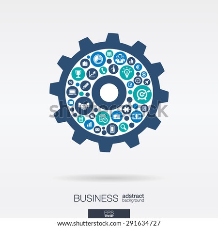 Color circles, flat icons in a cogwheel shape: business, marketing research, strategy, mission, analytics mechanism concepts. Abstract background with connected objects. Vector illustration.