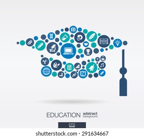 Color circles, flat icons in a graduation hat shape: education, school, science, knowledge, elearning concepts. Abstract background with connected objects in integrated. Vector illustration.