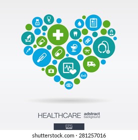 Color circles with flat icons in a heart shape: medicine, medical, health, cross, healthcare concepts. Abstract background with connected objects in integrated group of elements. Vector illustration.