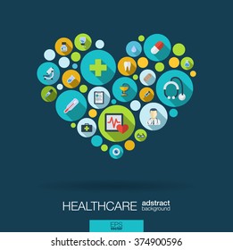 Color circles with flat icons in a heart shape: medicine, medical, health, cross, healthcare concepts. Abstract background with connected objects in integrated group of elements. Vector illustration.