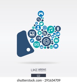 Color circles, flat icons in a like shape: technology, social media, network, computer concept. Abstract background with connected objects in integrated group of elements. Vector illustration