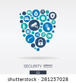 Color circles, flat icons in a shield shape: technology, guard, protection, safety, control concepts. Abstract background with connected objects in integrated group of elements. Vector illustration.
