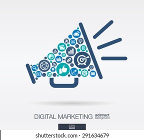 Color Circles, Flat Icons In A Speaker Shape: Digital Marketing, Social Media, Network, Computer Concept. Abstract Background With Connected Objects In Integrated Group Of Element. Vector Illustration