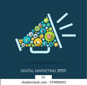 Color Circles, Flat Icons In A Speaker Shape: Digital Marketing, Social Media, Network, Computer Concept. Abstract Background With Connected Objects In Integrated Group Of Element. Vector Illustration