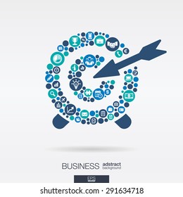 Color circles, flat icons in a target shape: business, marketing research, strategy, mission, analytics concepts. Abstract background with connected objects. Vector interactive illustration.