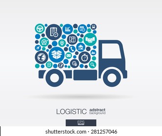 Color circles, flat icons in a truck shape: distribution, delivery, service, shipping, logistic, transport, market concepts. Abstract background with connected objects. Vector illustration.