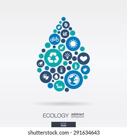 Farbkreise, flache Symbole in Form eines Wassertropfens: Umwelt, Erde, Natur, Umwelt, Umweltschutzkonzepte. Abstrakter Hintergrund mit verbundenen Objekten in integrierter Gruppe.  Vektorgrafik.