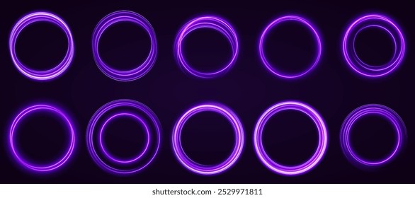 Marco de círculos de color con efecto de luz brillante. Un destello vuela en un círculo en un anillo luminoso.