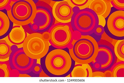 Color circles seamless pattern. Abstract geometric texture. Colorful background with orange, pink, violet rings. Chaotic dotted round shapes. Decorative textile, wallpaper, wrapping paper vector fill