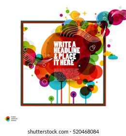 Color circles in square frame with space for text. Funky graphic design - abstract vector background.