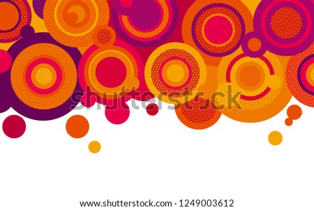 Color circles color vector illustration. Abstract geometric texture with text space. Colorful background with orange, pink, violet rings in dots. Chaotic netted round shapes decorative banner design