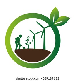 color circular frame with farmer and wind turbines