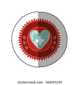 color circular frame with middle shadow sticker of heart with sign cross