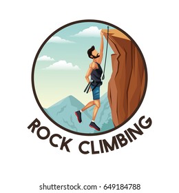 color circular frame with scene landscape man hanging on the cliff rock climbing