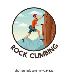 color circular frame with scene landscape man climbing rock mountain without equipment