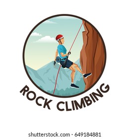 color circular frame with scene landscape man mountain descent with equipment rock climbing
