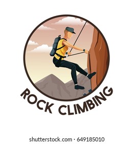color circular frame with scene landscape man mountain descent with harness rock climbing