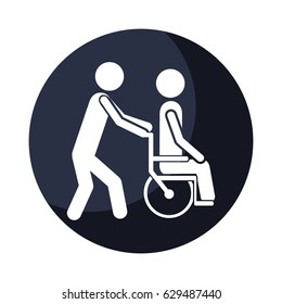 color circular frame shading with person helping another push a wheelchair vector illustration