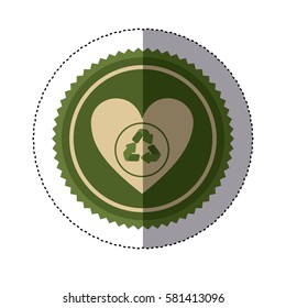 color circular frame sticker with beige heart with recycling symbol vector illustration