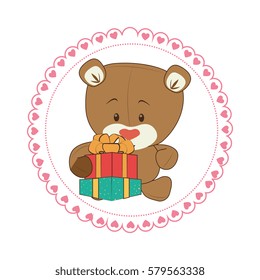 color circular frame with teddy bear and gift box