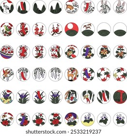 Color circular hanafuda icon set