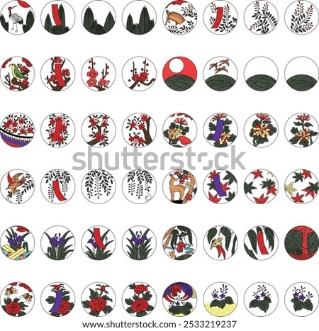 Color circular hanafuda icon set